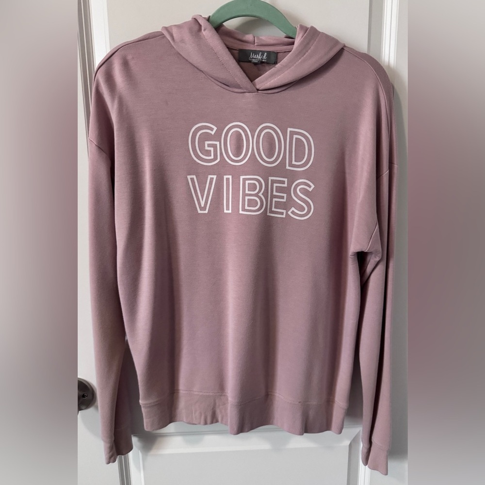 NWOT Marled Dusty Pink Hooded Knit Top Size Medium “Good Vibes” - Picture 1 of 3